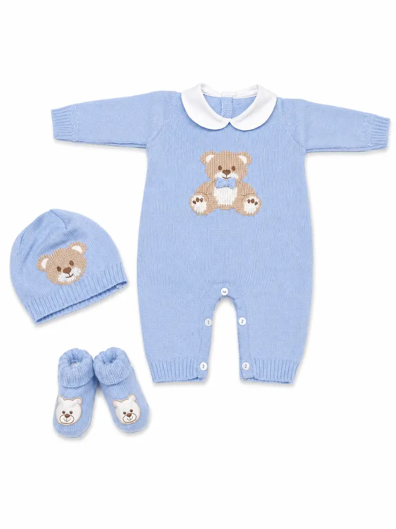 Tutina neonato con cappello e babbucce 100% lana con orsetto ricamato e fiocco applicato