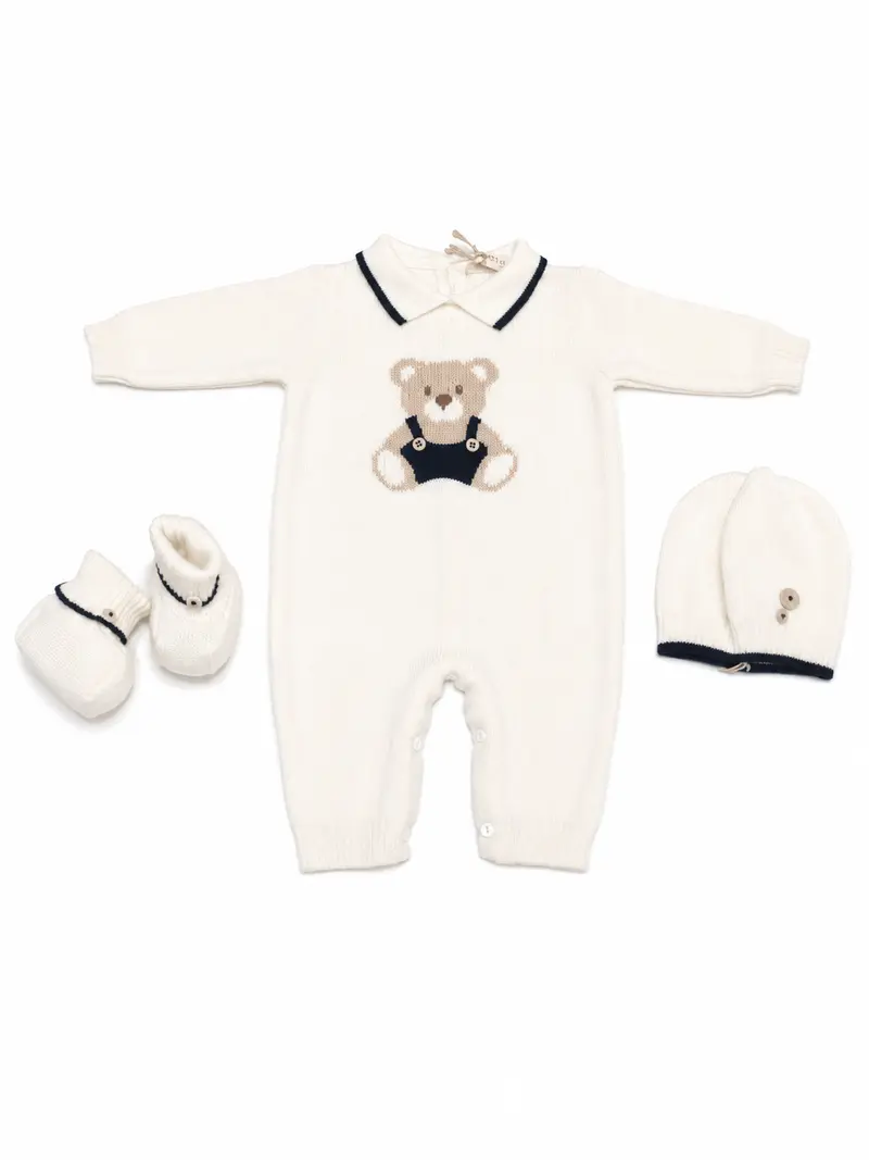 Tutina neonato con cappello e babbucce 100% lana con orsetto ricamato