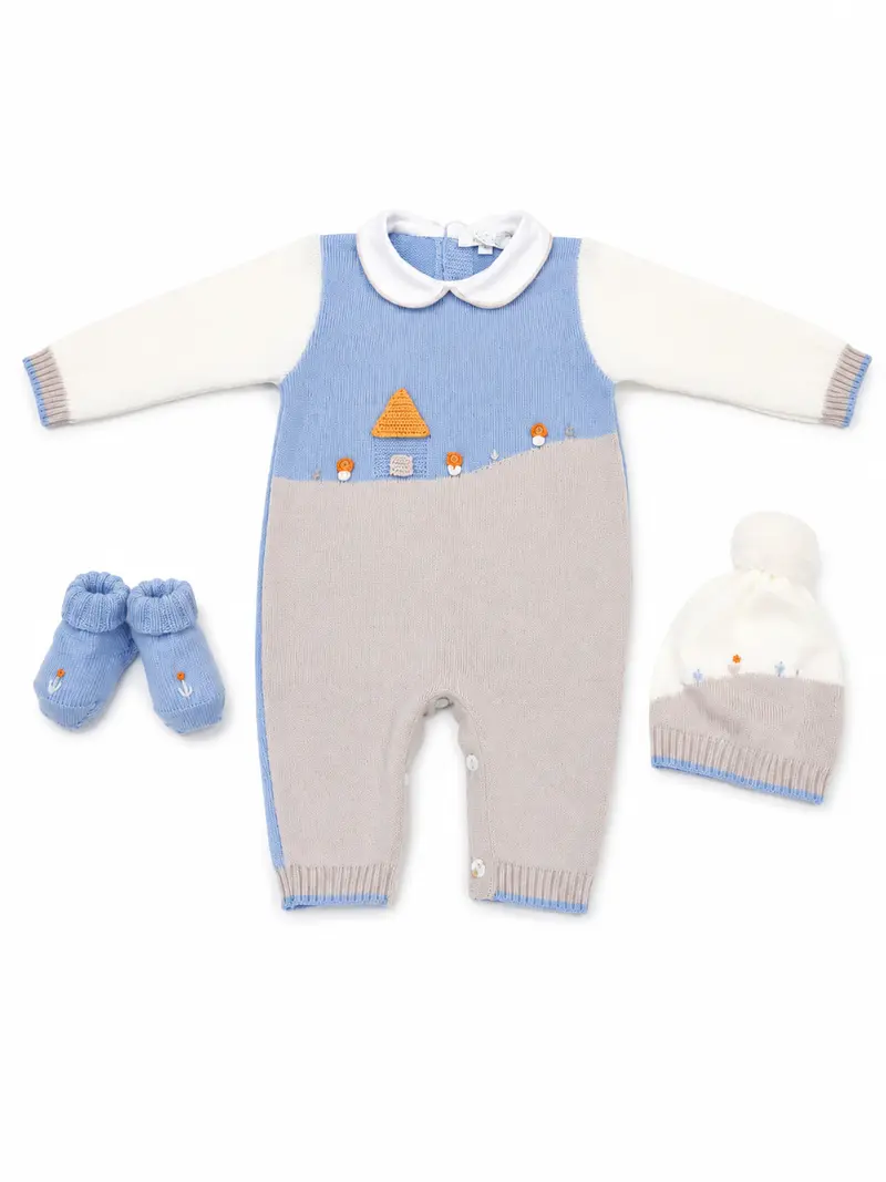 Tutina neonato con cappello e babbucce 100% lana ricamo casette
