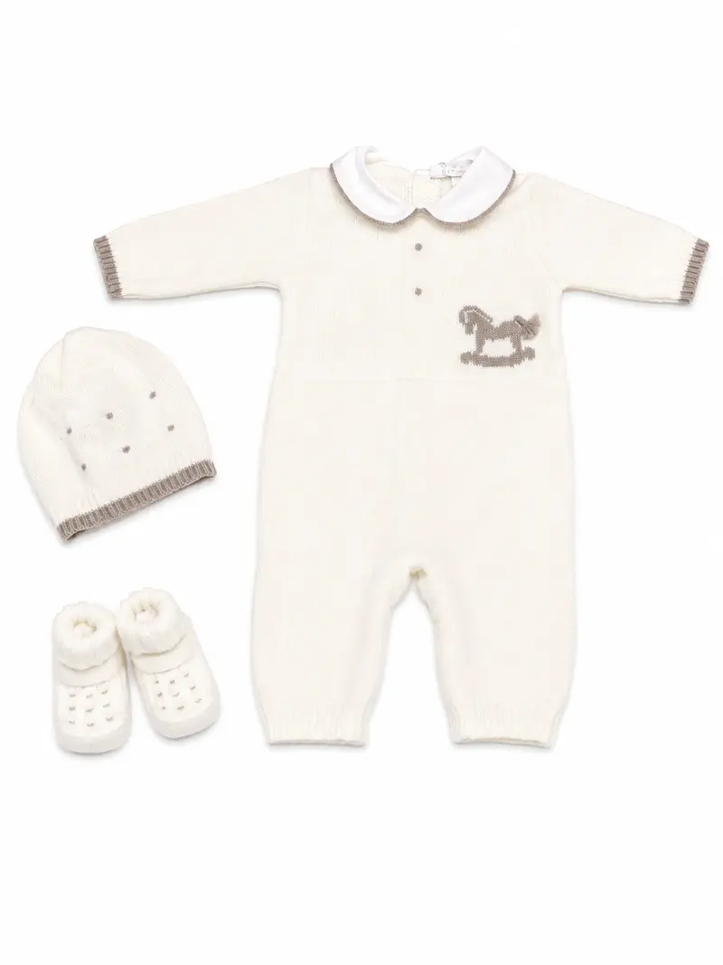 Tutina neonato con cappello e babbucce 100% lana tema cavallino