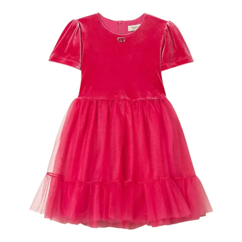 Twinset Abito In Velluto Mezza Manica con Tulle Fuxia per Bambina