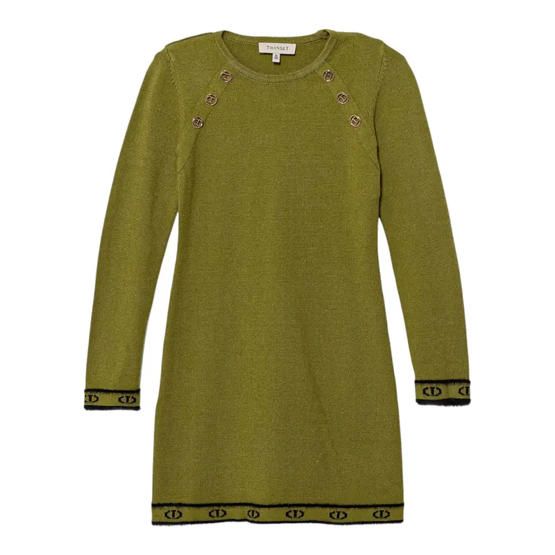 Twinset Abito Manica Lunga tinta unita con Logo Verde per Bambina