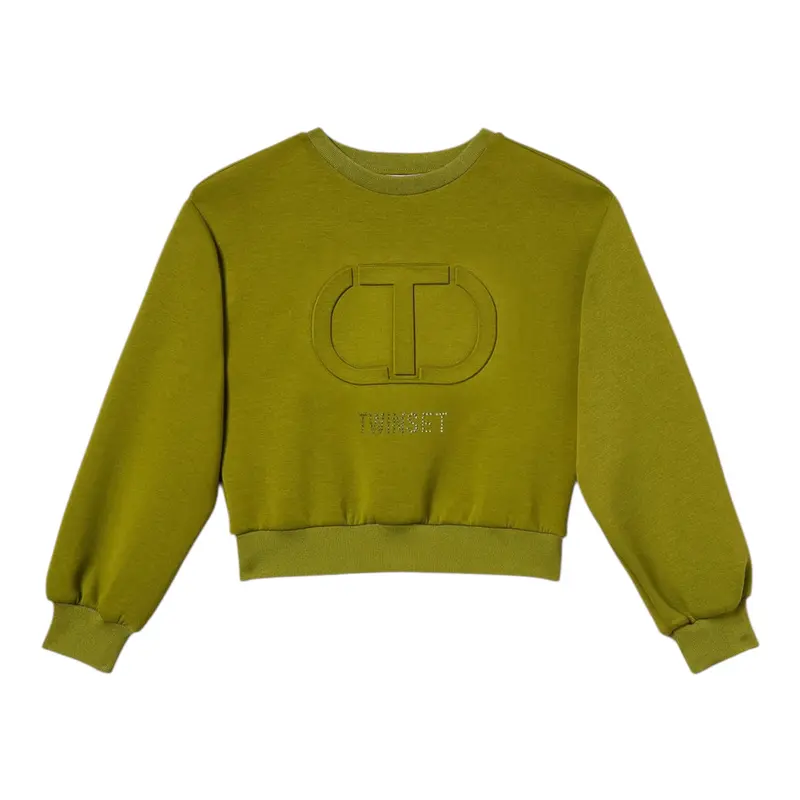 Twinset Felpa Girocollo tinta unita con Logo Verde per Bambina