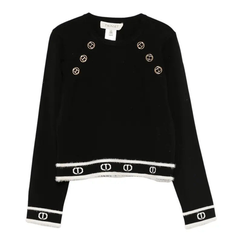 Twinset Maglia Girocollo tinta unita con Loghi Nero per Bambina