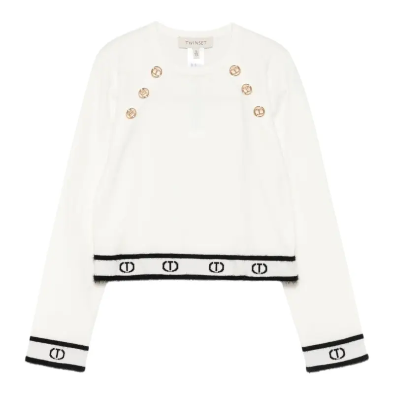 Twinset Maglia Girocollo tinta unita con Loghi Panna per Bambina