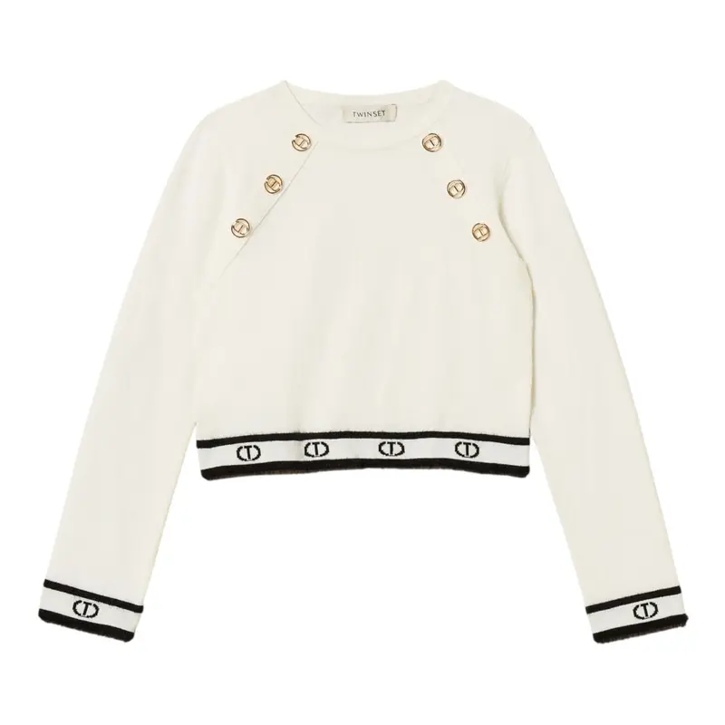 Twinset Maglia Girocollo tinta unita con Logo Panna per Bambina