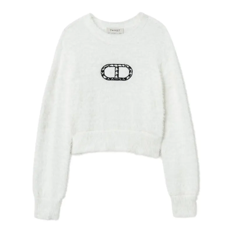 Twinset Maglia Girocollo tinta unita con Logo Panna per Bambina