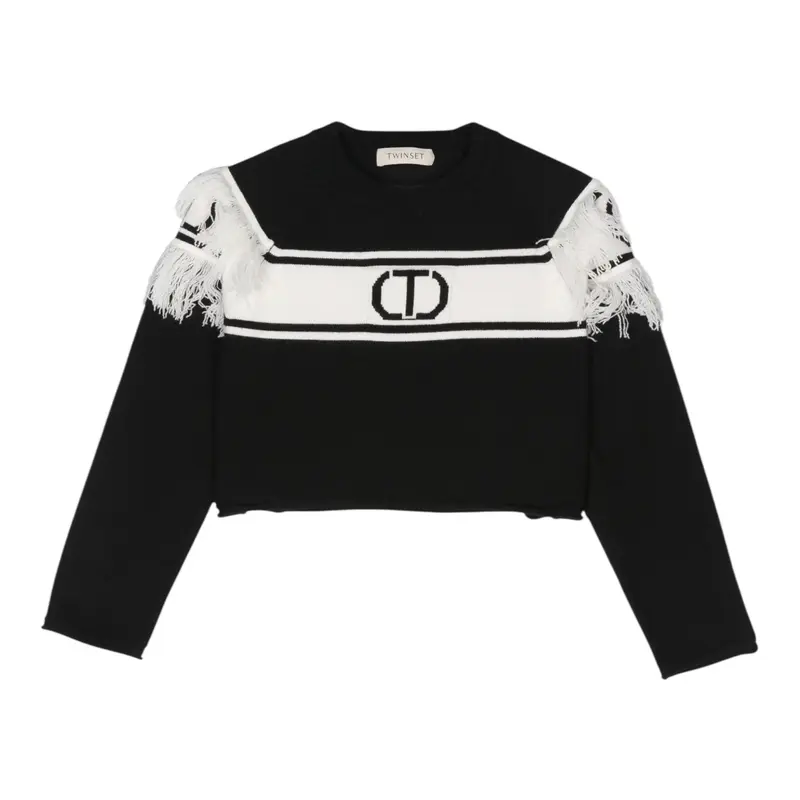 Twinset Maglia tinta unita con Logo E Frange Nero per Bambina