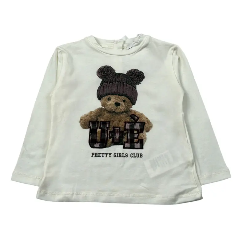 U+È Shirt Girocollo tinta unita con Stampa Panna per Bambina