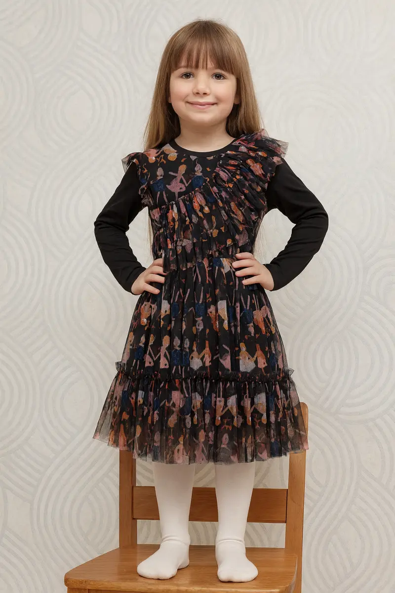 Vestito bambina a balze in tulle stampa bambini