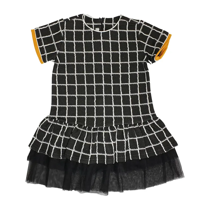 VESTITO BAMBINA A QUADRONI CON BORDI SENAPE SU MANICHE