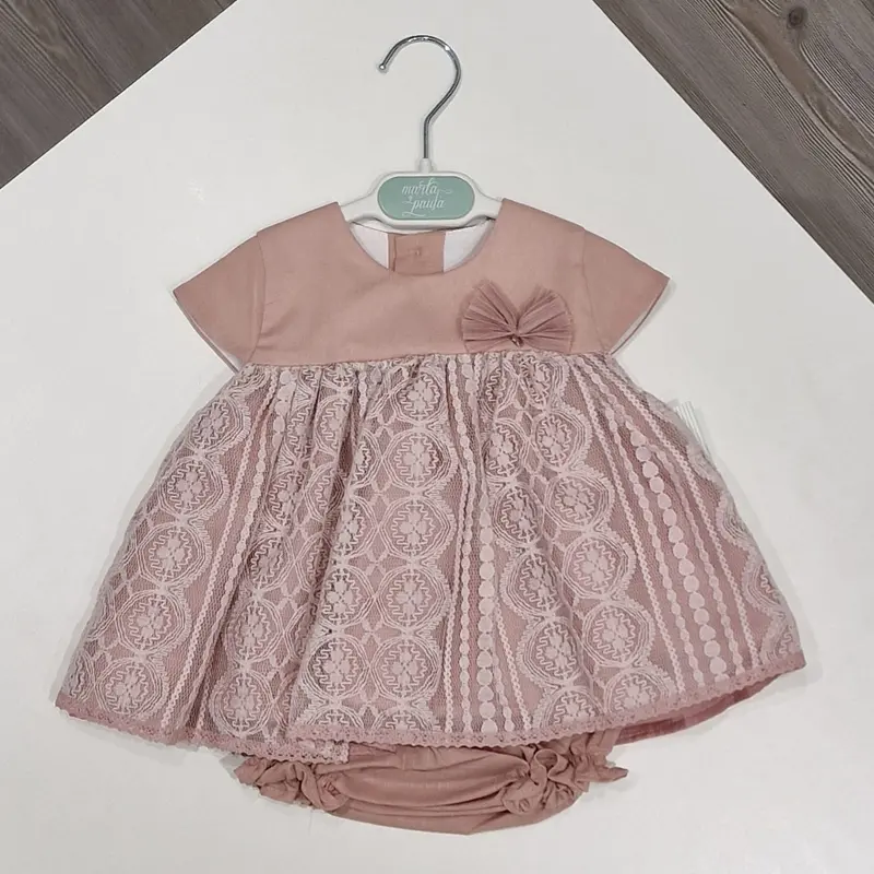 Vestito bambina beige in pizzo con fiocchetto