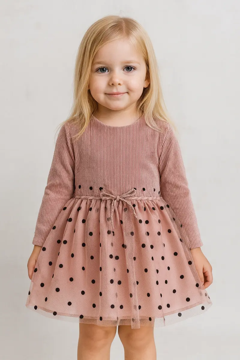 Vestito bambina cipria con gonna in tulle a pois