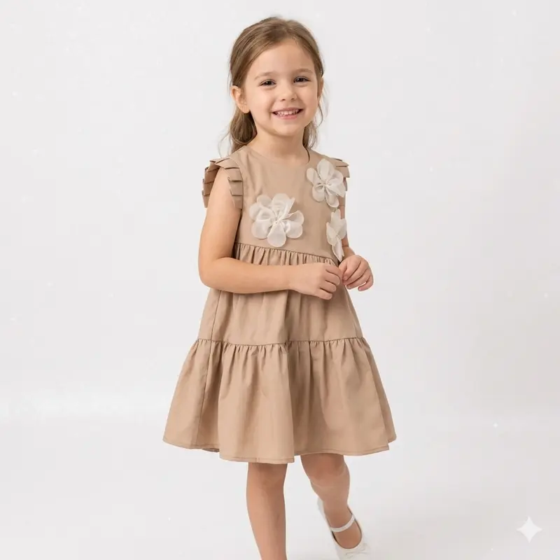 Vestito bambina color biscotto con fiori applicati
