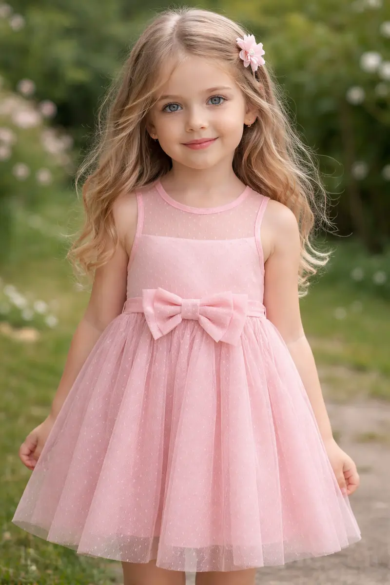 Vestito bambina elegante dolce pois con fiocco applicato