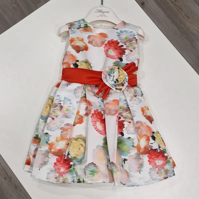 Vestito bambina elegante fiorato con cinta arancio