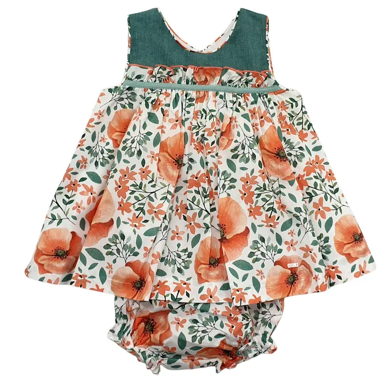 Vestito bambina fiorato tonalità verde arancio