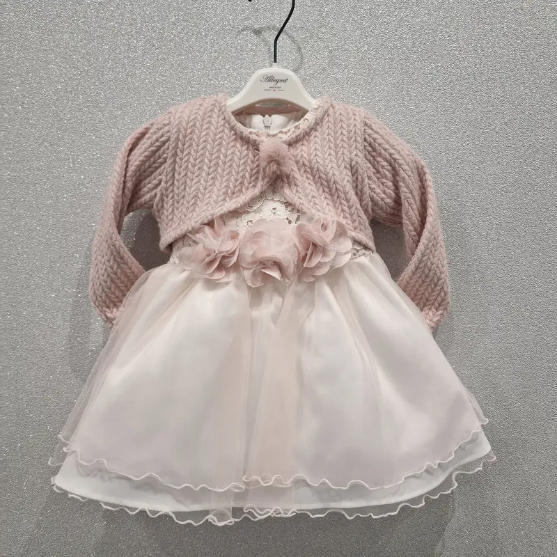 Vestito bambina in pizzo cipria con scarpe e coprispalle