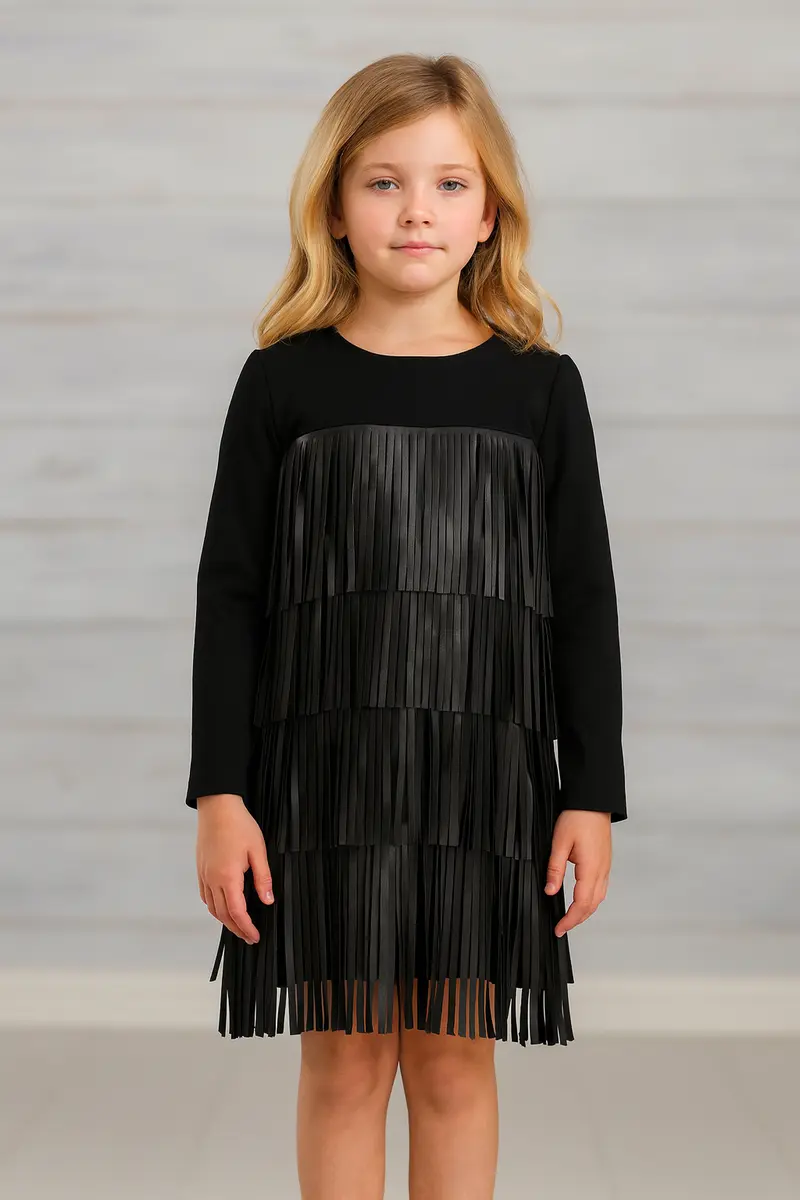 Vestito bambina Naìda con frange di pelle applicate