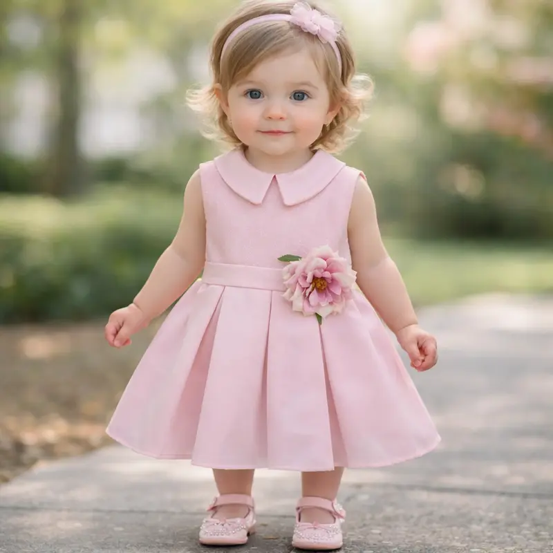 Vestito bambina rosa con corpetto glitterato e gonna a pieghe