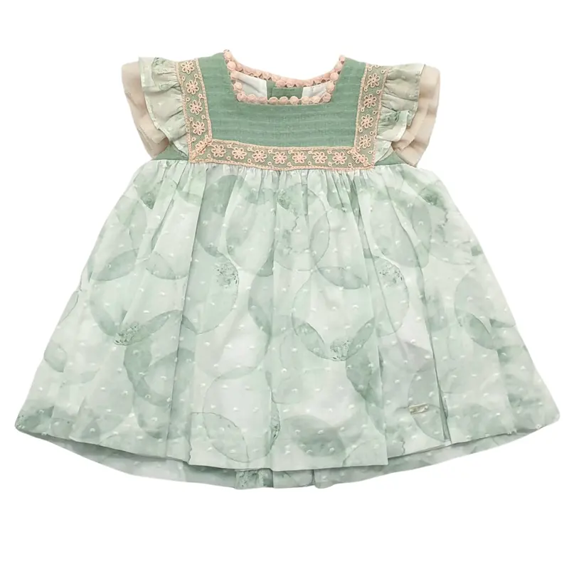 Vestito bambina verde acqua con greca rosa a contrasto