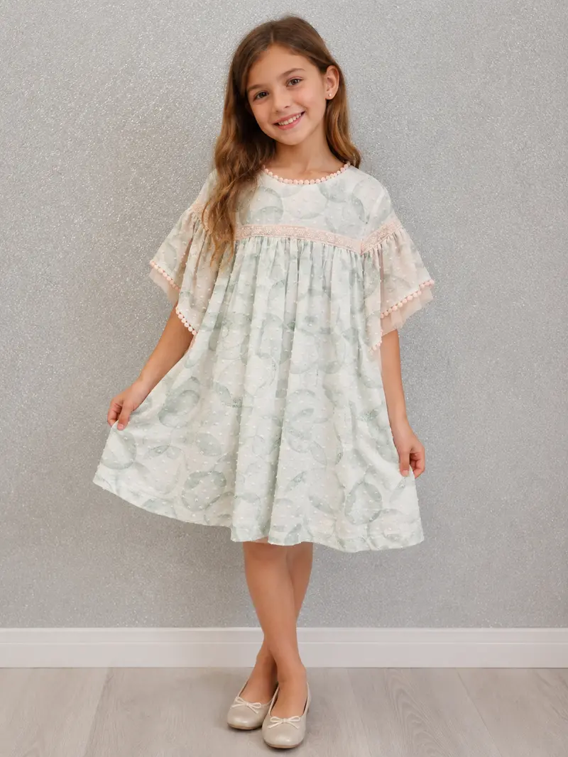 Vestito bambina verde acqua con stampa pois tono su tono