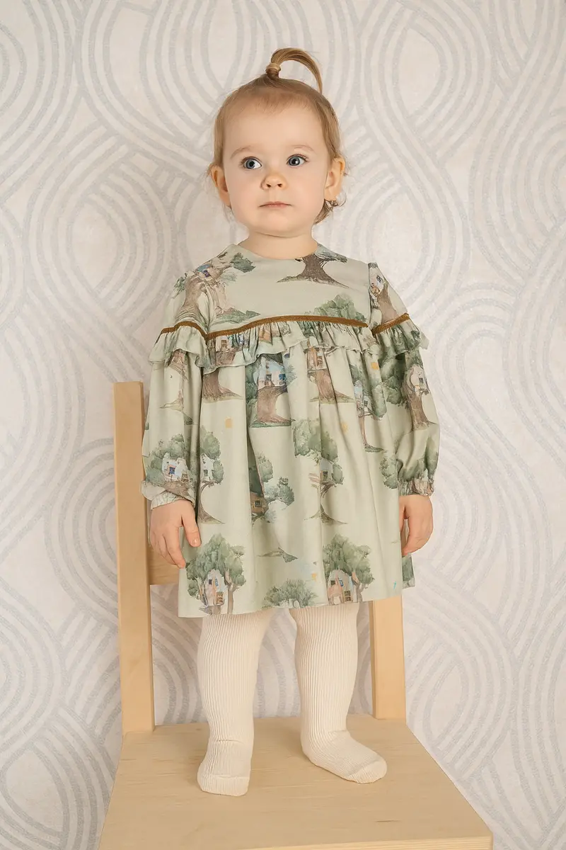 Vestito bambina verde con fantasia case sull'albero
