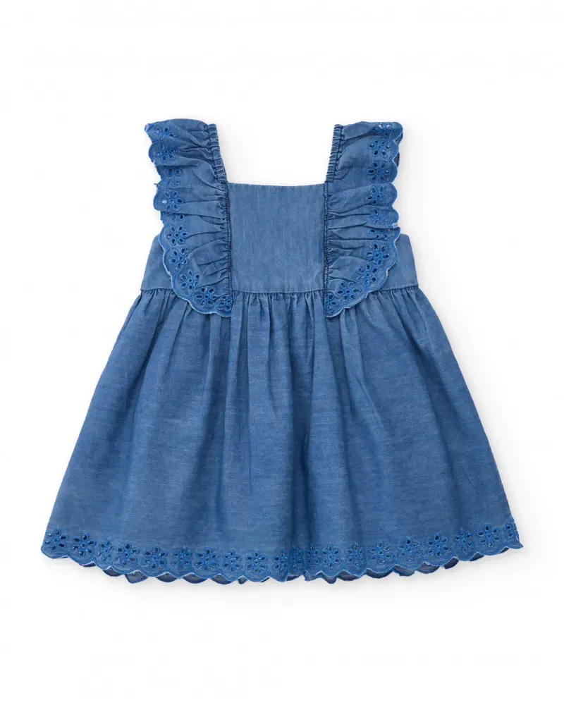 Vestito da bambina in tessuto piano con volant e ricamo floreale