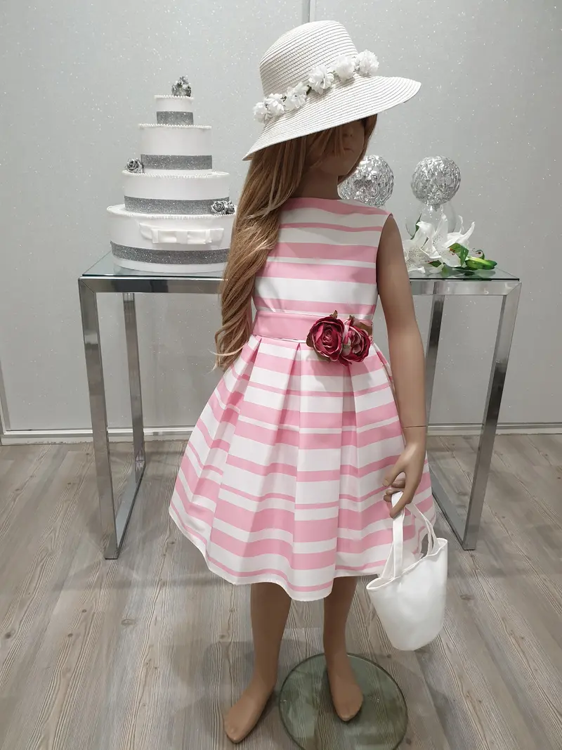Vestito fasciato fuxia/panna con fiore applicato