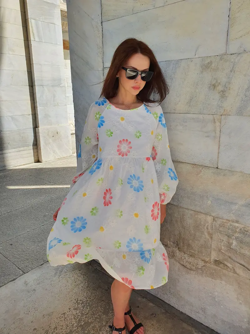 Womens White Dress Embroidered Fabric Vestito Donna Bianco Ricamato