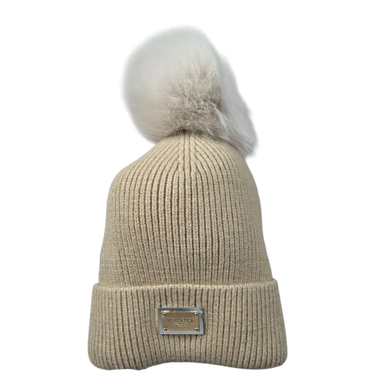 Yes London Cappello tinta unita con Pon Pon Beige per Bambina