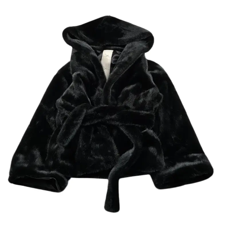 Yes London Pelliccia tinta unita con Cappuccio E Cinturino Nero per Bambina
